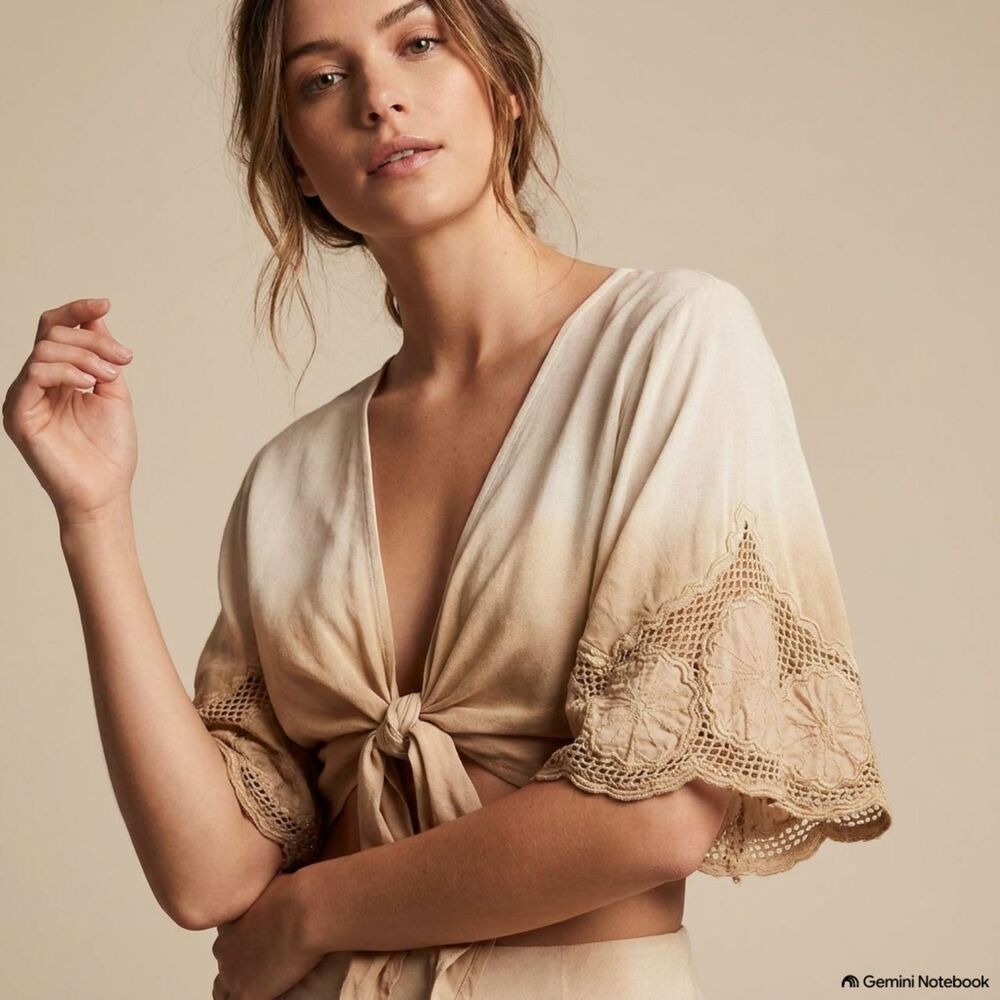 Surf Gypsy Crop Top M Boho Cowgirl Western Flutter Sleeve Coverup Ombré Neutral